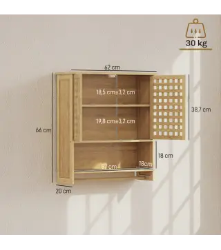 Armario de Baño de Pared de Bambú con 2 Puertas de Celosía Estante Abierto y Estante Ajustable Natural