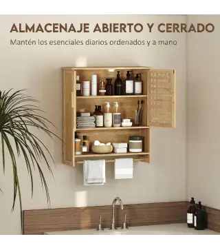 Armario de Baño de Pared de Bambú con 2 Puertas de Celosía Estante Abierto y Estante Ajustable Natural