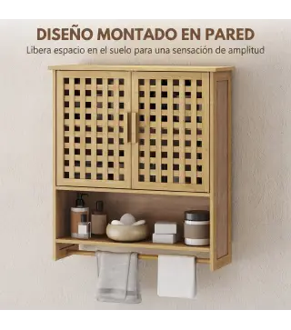 Armario de Baño de Pared de Bambú con 2 Puertas de Celosía Estante Abierto y Estante Ajustable Natural
