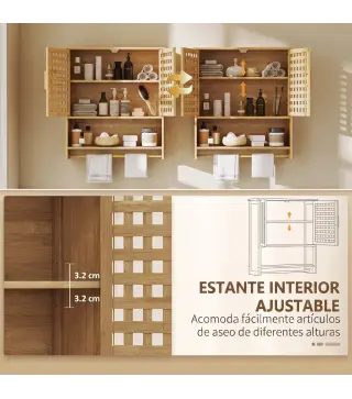 Armario de Baño de Pared de Bambú con 2 Puertas de Celosía Estante Abierto y Estante Ajustable Natural