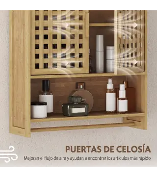 Armario de Baño de Pared de Bambú con 2 Puertas de Celosía Estante Abierto y Estante Ajustable Natural