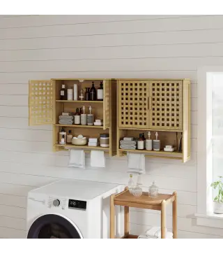 Armario de Baño de Pared de Bambú con 2 Puertas de Celosía Estante Abierto y Estante Ajustable Natural