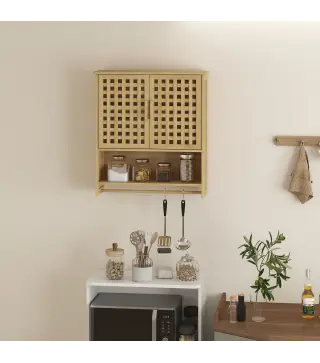 Armario de Baño de Pared de Bambú con 2 Puertas de Celosía Estante Abierto y Estante Ajustable Natural