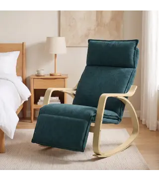 Silla Mecedora con Reposapiés Ajustable en 5 Posiciones Reposabrazos de Madera Acolchado Doble Capa Verde Oscuro