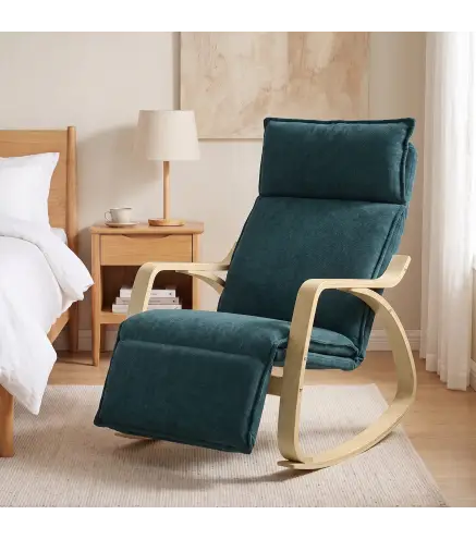 Silla Mecedora con Reposapiés Ajustable en 5 Posiciones Reposabrazos de Madera Acolchado Doble Capa Verde Oscuro