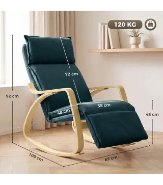 Silla Mecedora con Reposapiés Ajustable en 5 Posiciones Reposabrazos de Madera Acolchado Doble Capa Verde Oscuro