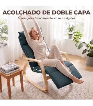 Silla Mecedora con Reposapiés Ajustable en 5 Posiciones Reposabrazos de Madera Acolchado Doble Capa Verde Oscuro