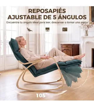 Silla Mecedora con Reposapiés Ajustable en 5 Posiciones Reposabrazos de Madera Acolchado Doble Capa Verde Oscuro