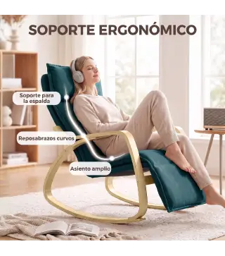 Silla Mecedora con Reposapiés Ajustable en 5 Posiciones Reposabrazos de Madera Acolchado Doble Capa Verde Oscuro