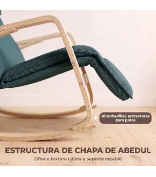 Silla Mecedora con Reposapiés Ajustable en 5 Posiciones Reposabrazos de Madera Acolchado Doble Capa Verde Oscuro