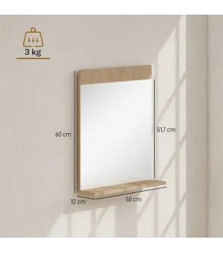 Espejo de Baño de Pared con Estante Abierto Espejo para Entrada Pasillo 50x12x60 cm Roble