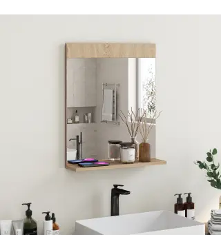 Espejo de Baño de Pared con Estante Abierto Espejo para Entrada Pasillo 50x12x60 cm Roble