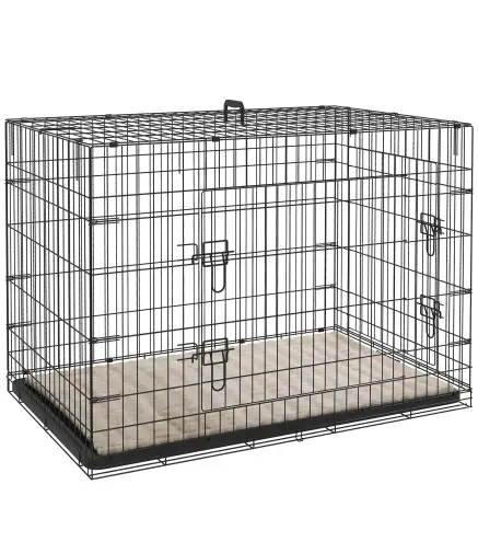 Jaula para Perros Plegable con Cojín Puertas Bandeja Extraíble y Marco de Alambre Metálico 106x71,5x76 cm Negro y Beige
