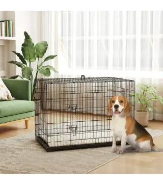 Jaula para Perros Plegable con Cojín Puertas Bandeja Extraíble y Marco de Alambre Metálico 106x71,5x76 cm Negro y Beige