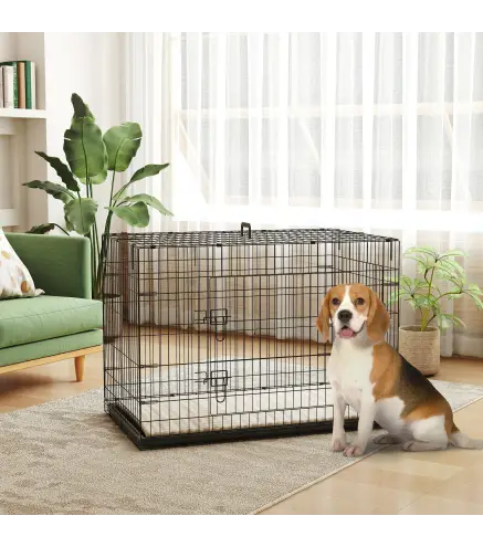 Jaula para Perros Plegable con Cojín Puertas Bandeja Extraíble y Marco de Alambre Metálico 106x71,5x76 cm Negro y Beige