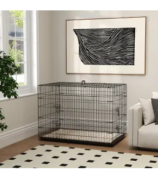 Jaula para Perros Plegable con Cojín Puertas Bandeja Extraíble y Marco de Alambre Metálico 106x71,5x76 cm Negro y Beige