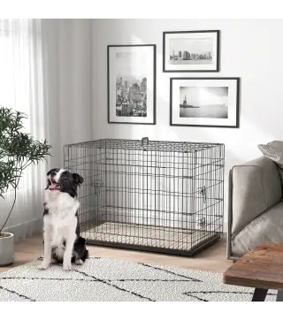 Jaula para Perros Plegable con Cojín Puertas Bandeja Extraíble y Marco de Alambre Metálico 106x71,5x76 cm Negro y Beige