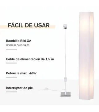 Lámpara de Pie con 2 Casquillos E27 Pantalla de Tela Interruptor de Pedal Base de Acero Inoxidable Blanco