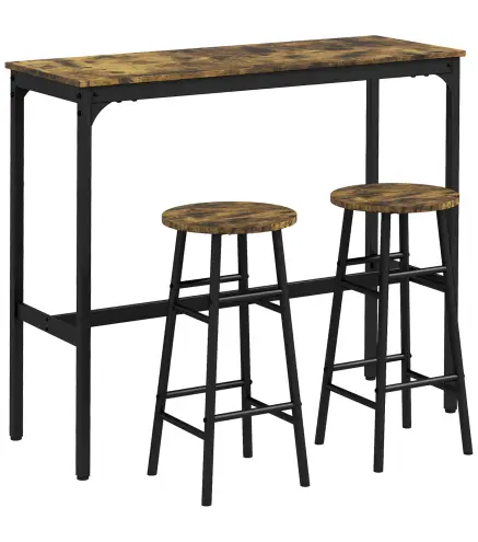 Conjunto Mesa Alta de Cocina con 2 Taburetes Marco de Acero Estilo Industrial Mesa Alta para Comedor Marrón Rústico