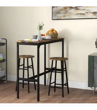 Conjunto Mesa Alta de Cocina con 2 Taburetes Marco de Acero Estilo Industrial Mesa Alta para Comedor Marrón Rústico