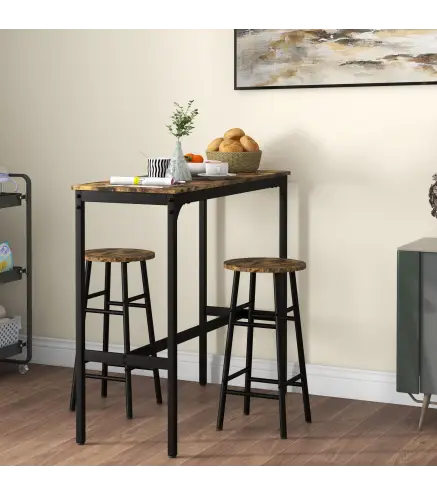 Conjunto Mesa Alta de Cocina con 2 Taburetes Marco de Acero Estilo Industrial Mesa Alta para Comedor Marrón Rústico