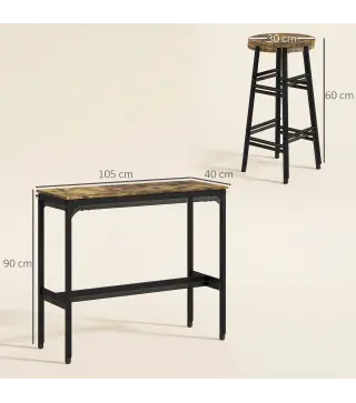 Conjunto Mesa Alta de Cocina con 2 Taburetes Marco de Acero Estilo Industrial Mesa Alta para Comedor Marrón Rústico