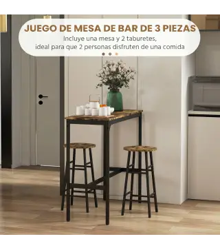 Conjunto Mesa Alta de Cocina con 2 Taburetes Marco de Acero Estilo Industrial Mesa Alta para Comedor Marrón Rústico