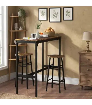 Conjunto Mesa Alta de Cocina con 2 Taburetes Marco de Acero Estilo Industrial Mesa Alta para Comedor Marrón Rústico