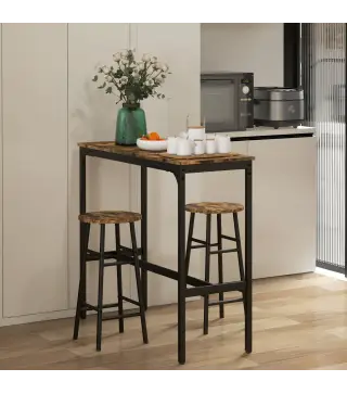 Conjunto Mesa Alta de Cocina con 2 Taburetes Marco de Acero Estilo Industrial Mesa Alta para Comedor Marrón Rústico
