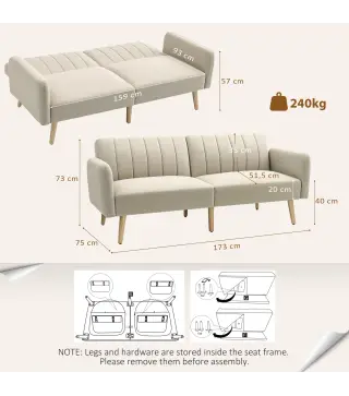 Sofá Cama de 2 Plazas Tapizado en Lino Sintético con Respaldo Ajustable y Reposabrazos Desmontables 173x75x73 cm Beige
