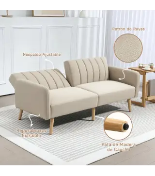 Sofá Cama de 2 Plazas Tapizado en Lino Sintético con Respaldo Ajustable y Reposabrazos Desmontables 173x75x73 cm Beige