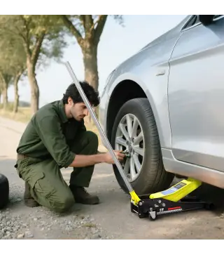 Gato Hidráulico para Coche 3 T Altura de Elevación 75-505 mm con Bomba de Doble Pistón Ruedas y Mango de Aluminio Amarillo