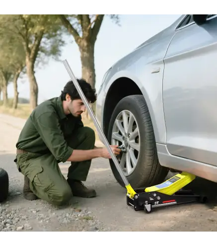 Gato Hidráulico para Coche 3 T Altura de Elevación 75-505 mm con Bomba de Doble Pistón Ruedas y Mango de Aluminio Amarillo