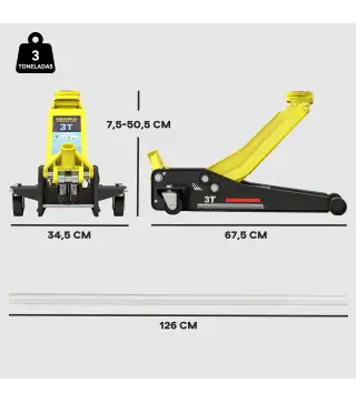 Gato Hidráulico para Coche 3 T Altura de Elevación 75-505 mm con Bomba de Doble Pistón Ruedas y Mango de Aluminio Amarillo