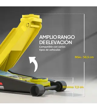 Gato Hidráulico para Coche 3 T Altura de Elevación 75-505 mm con Bomba de Doble Pistón Ruedas y Mango de Aluminio Amarillo