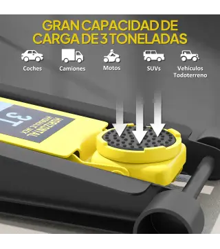 Gato Hidráulico para Coche 3 T Altura de Elevación 75-505 mm con Bomba de Doble Pistón Ruedas y Mango de Aluminio Amarillo