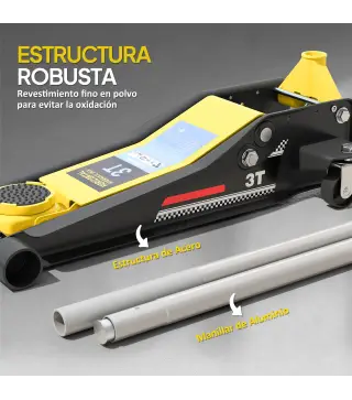 Gato Hidráulico para Coche 3 T Altura de Elevación 75-505 mm con Bomba de Doble Pistón Ruedas y Mango de Aluminio Amarillo