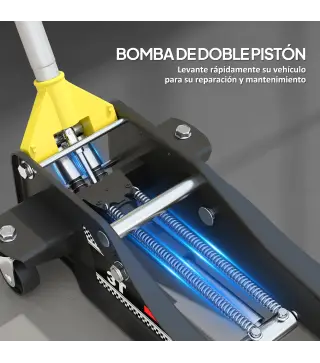 Gato Hidráulico para Coche 3 T Altura de Elevación 75-505 mm con Bomba de Doble Pistón Ruedas y Mango de Aluminio Amarillo