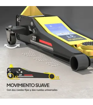 Gato Hidráulico para Coche 3 T Altura de Elevación 75-505 mm con Bomba de Doble Pistón Ruedas y Mango de Aluminio Amarillo