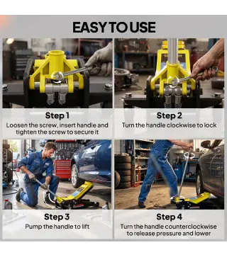 Gato Hidráulico para Coche 3 T Altura de Elevación 75-505 mm con Bomba de Doble Pistón Ruedas y Mango de Aluminio Amarillo