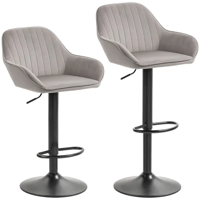 Juego de 2 Taburetes de Bar Giratorios Altura Ajustable 62-83 cm Tapizada en Terciopelo Respaldo y Reposapiés Gris