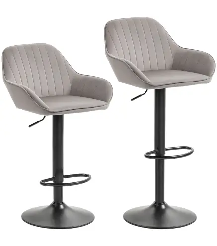 Juego de 2 Taburetes de Bar Giratorios Altura Ajustable 62-83 cm Tapizada en Terciopelo Respaldo y Reposapiés Gris