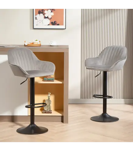 Juego de 2 Taburetes de Bar Giratorios Altura Ajustable 62-83 cm Tapizada en Terciopelo Respaldo y Reposapiés Gris