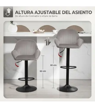 Juego de 2 Taburetes de Bar Giratorios Altura Ajustable 62-83 cm Tapizada en Terciopelo Respaldo y Reposapiés Gris