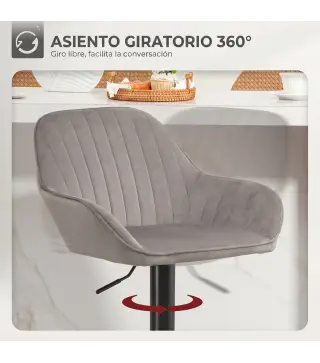 Juego de 2 Taburetes de Bar Giratorios Altura Ajustable 62-83 cm Tapizada en Terciopelo Respaldo y Reposapiés Gris