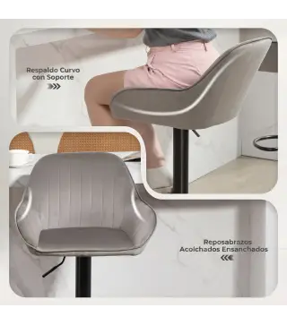 Juego de 2 Taburetes de Bar Giratorios Altura Ajustable 62-83 cm Tapizada en Terciopelo Respaldo y Reposapiés Gris