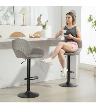 Juego de 2 Taburetes de Bar Giratorios Altura Ajustable 62-83 cm Tapizada en Terciopelo Respaldo y Reposapiés Gris