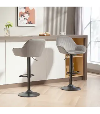 Juego de 2 Taburetes de Bar Giratorios Altura Ajustable 62-83 cm Tapizada en Terciopelo Respaldo y Reposapiés Gris