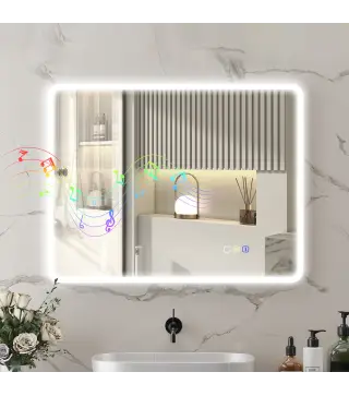 Espejo de Baño con Luz LED 90x70 cm con Bluetooth 3 Colores de Luz Función Antivaho Función de Memoria IP44