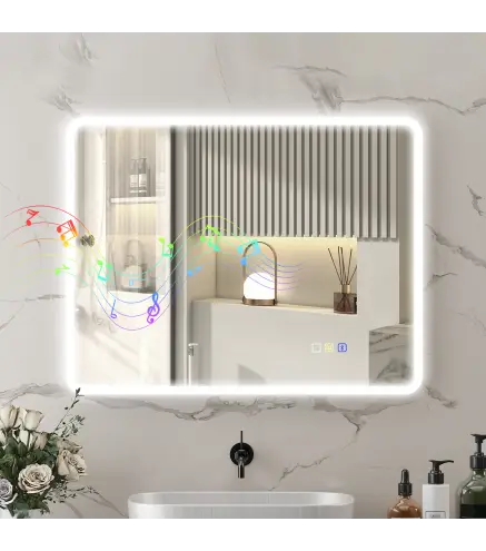 Espejo de Baño con Luz LED 90x70 cm con Bluetooth 3 Colores de Luz Función Antivaho Función de Memoria IP44